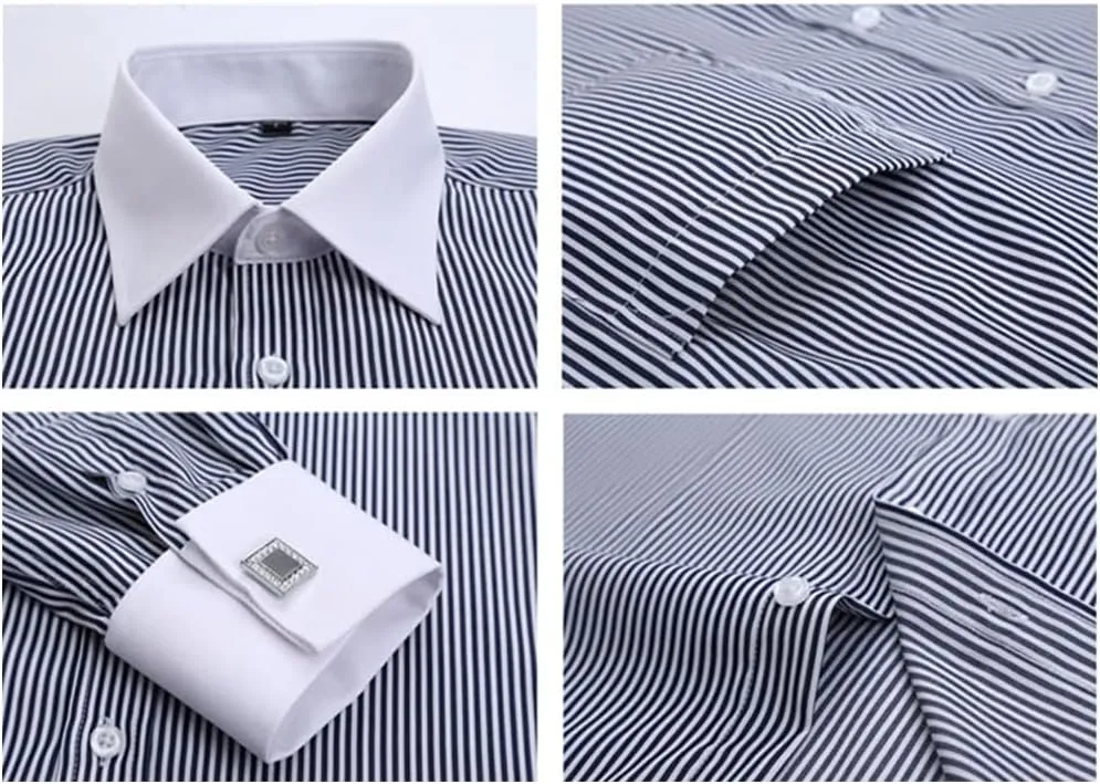 Men's French Cuff Dress Shirt Slim Fit Formal Business Button Down Shirt for Men Long Sleeve Random Cufflinks