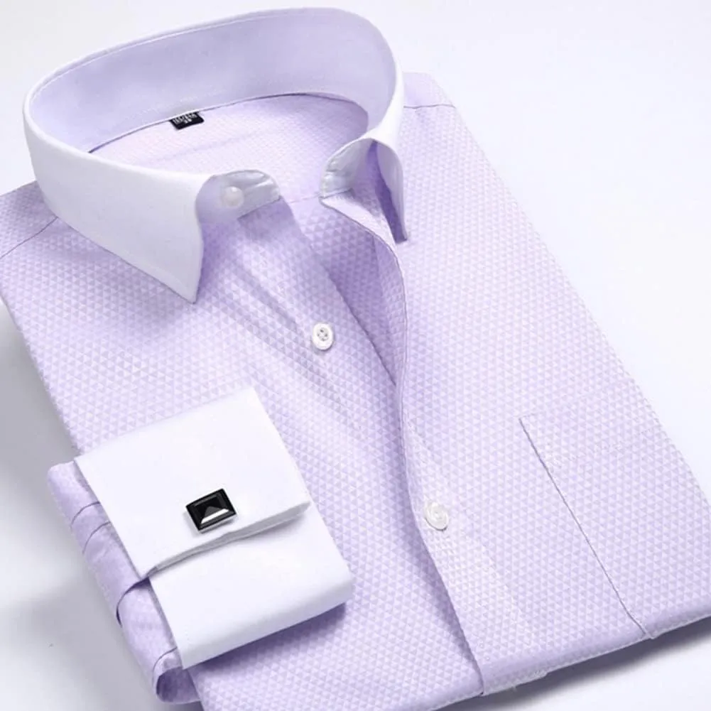 Men's French Cuff Dress Shirt Slim Fit Formal Business Button Down Shirt for Men Long Sleeve Random Cufflinks
