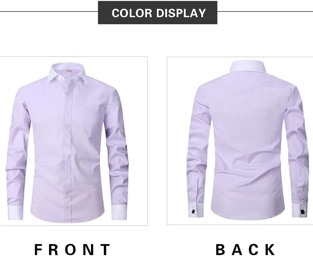 Men's French Cuff Dress Shirt Slim Fit Formal Business Button Down Shirt for Men Long Sleeve Random Cufflinks