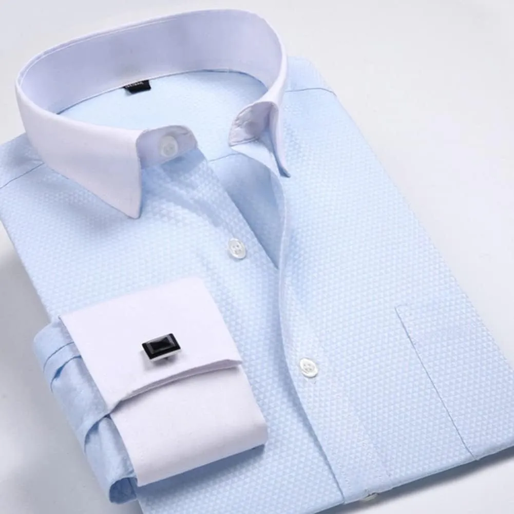 Men's French Cuff Dress Shirt Slim Fit Formal Business Button Down Shirt for Men Long Sleeve Random Cufflinks