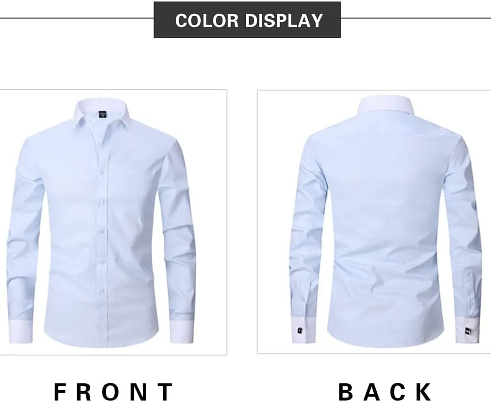 Men's French Cuff Dress Shirt Slim Fit Formal Business Button Down Shirt for Men Long Sleeve Random Cufflinks