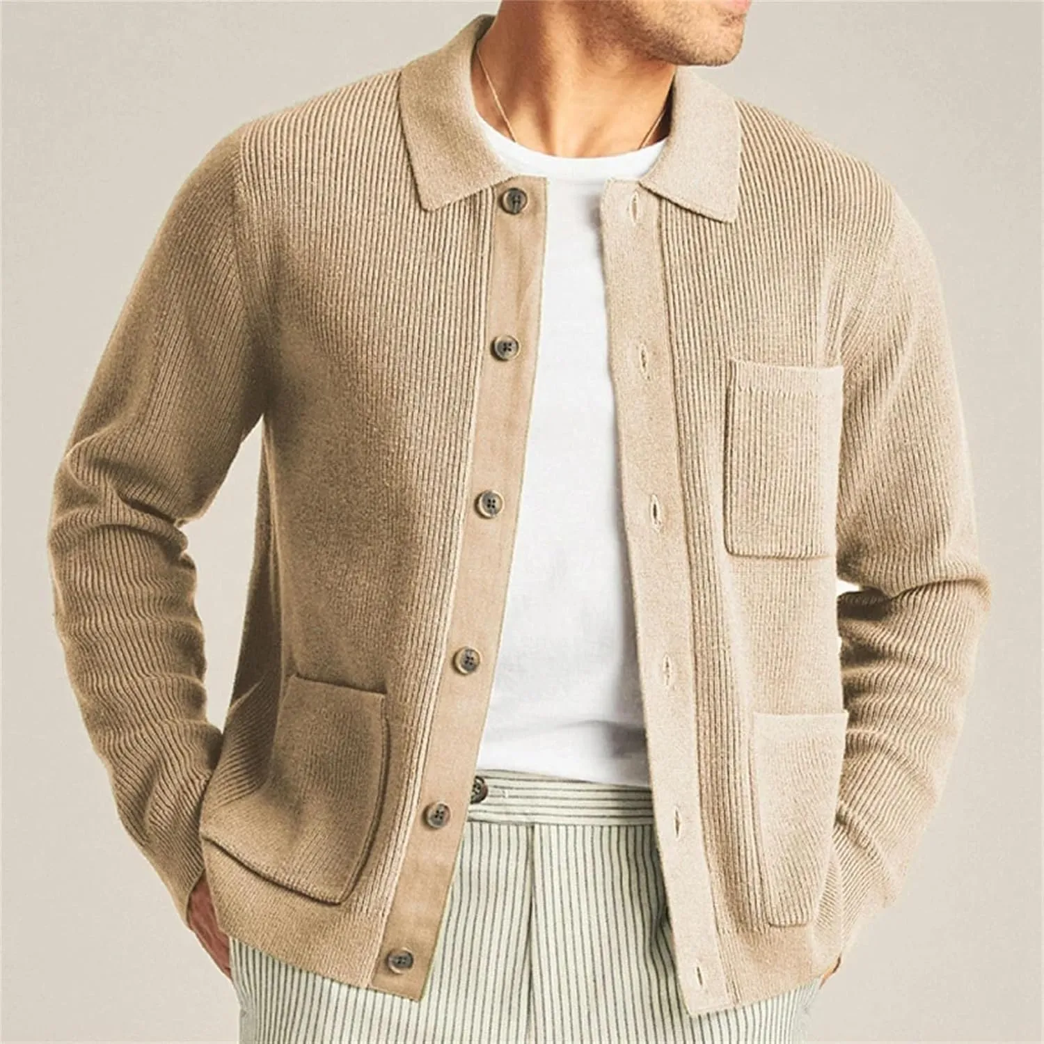 Men's Knit Cardigan Jacket Button Down Sweater Winter Casual Long Sleeve Lapel Solid Color Pocket Coat