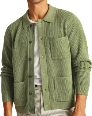 Men's Knit Cardigan Jacket Button Down Sweater Winter Casual Long Sleeve Lapel Solid Color Pocket Coat
