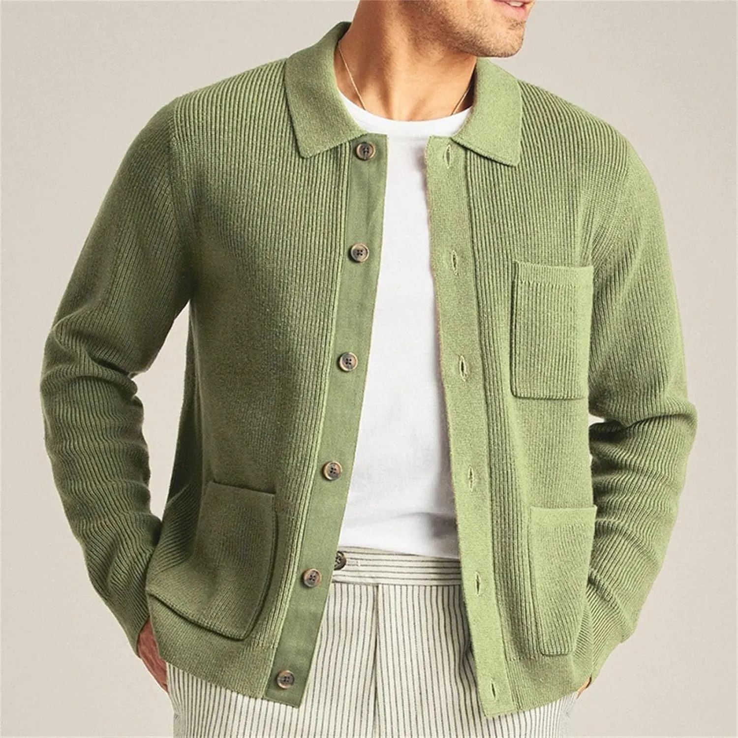 Men's Knit Cardigan Jacket Button Down Sweater Winter Casual Long Sleeve Lapel Solid Color Pocket Coat
