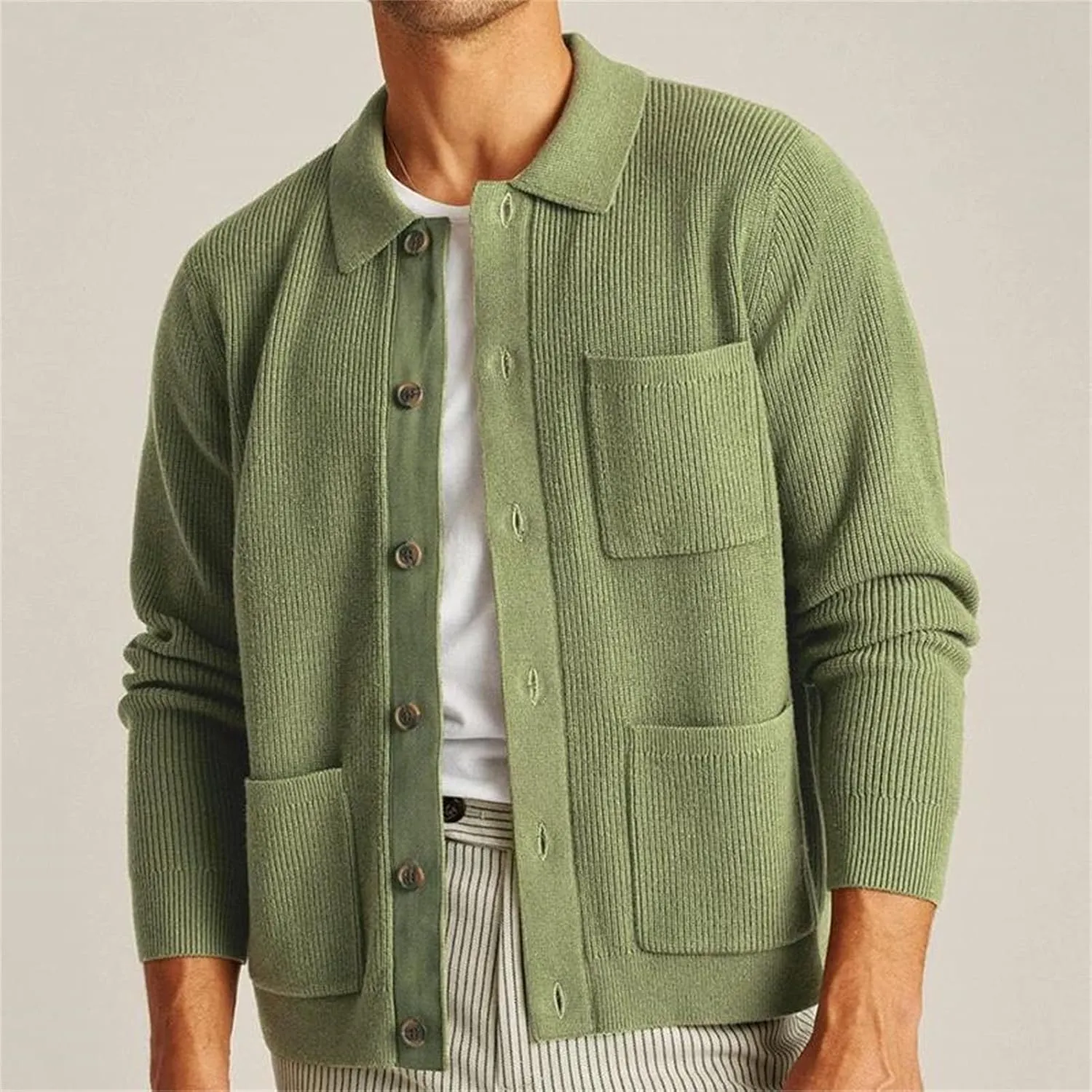 Men's Knit Cardigan Jacket Button Down Sweater Winter Casual Long Sleeve Lapel Solid Color Pocket Coat