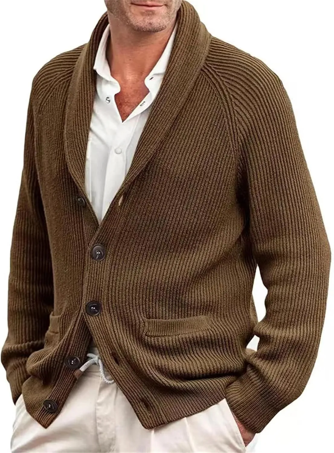 Men's Knitting Sweater Winter Shawl Collar Button Down Slim Fit Cable Knit Cardigan Coats with Pockets