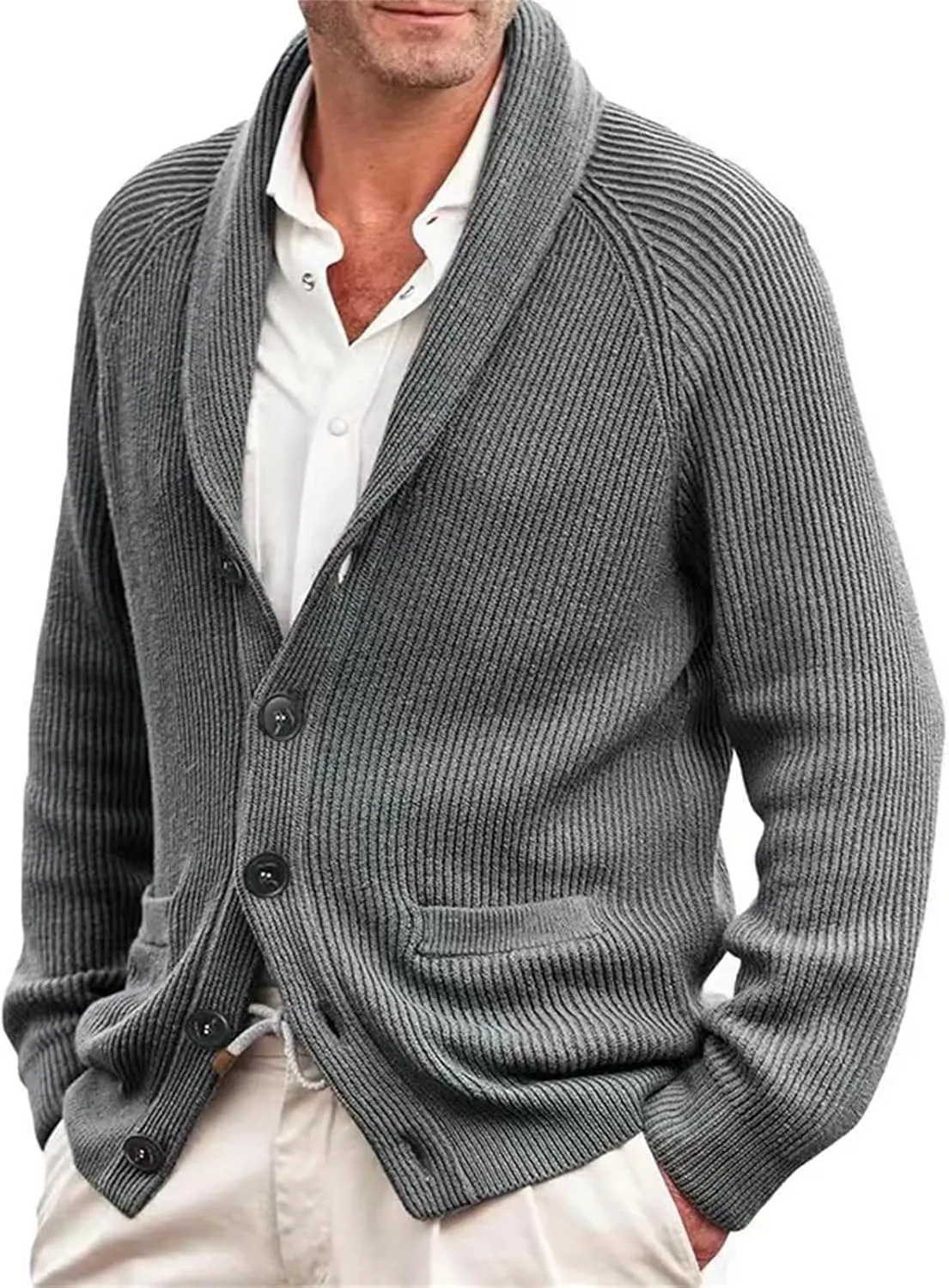 Men's Knitting Sweater Winter Shawl Collar Button Down Slim Fit Cable Knit Cardigan Coats with Pockets