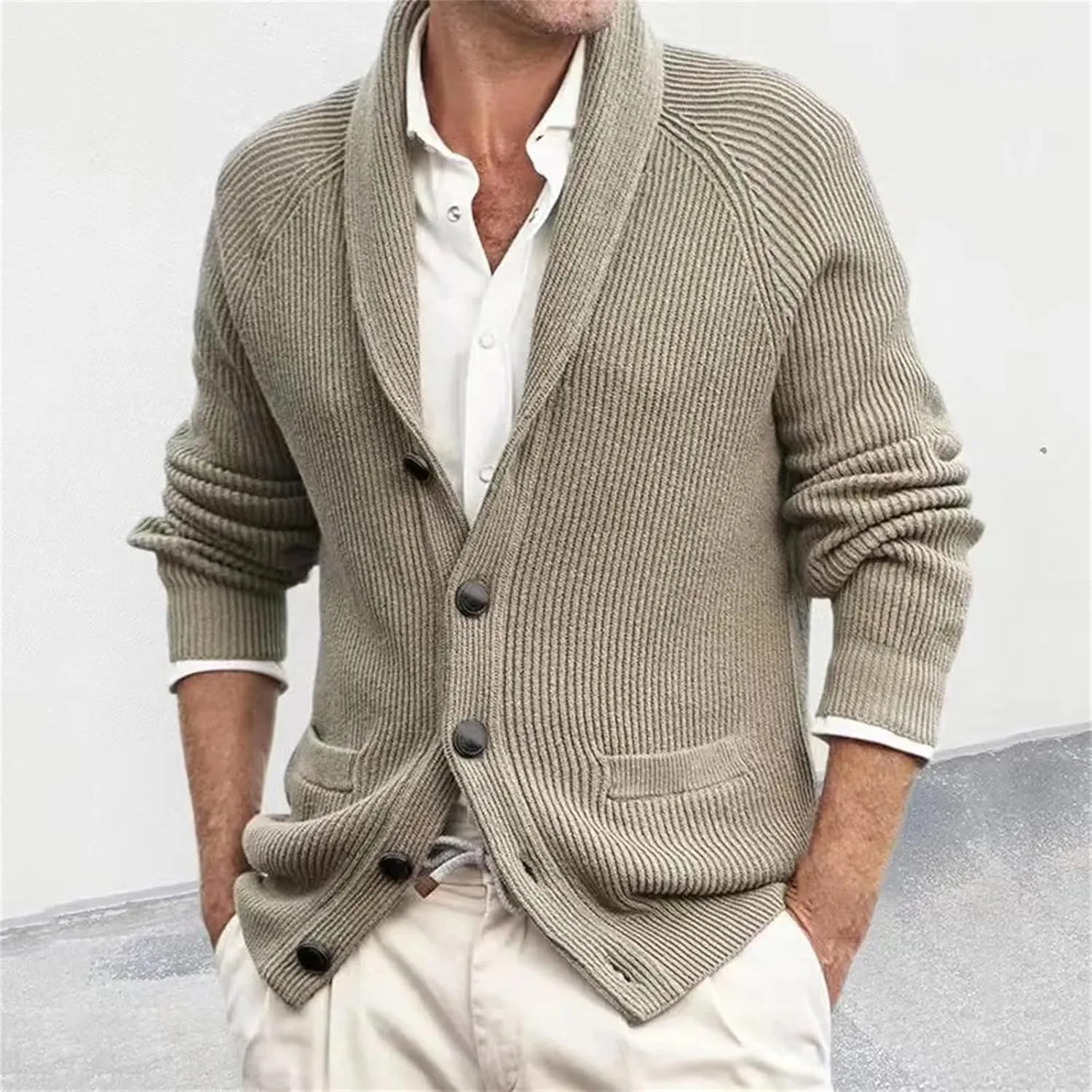 Men's Knitting Sweater Winter Shawl Collar Button Down Slim Fit Cable Knit Cardigan Coats with Pockets