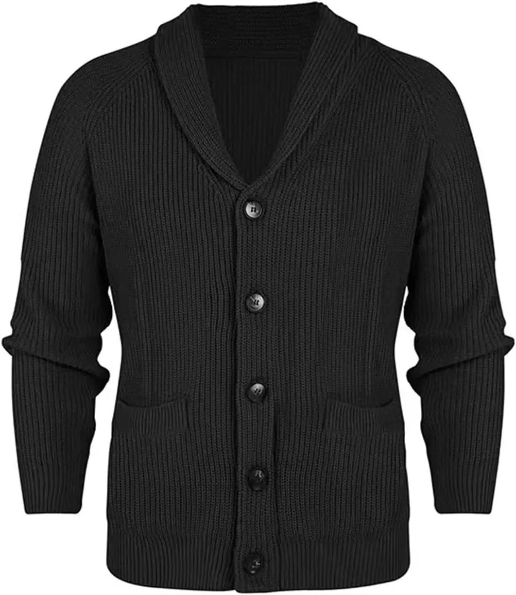 Men's Knitting Sweater Winter Shawl Collar Button Down Slim Fit Cable Knit Cardigan Coats with Pockets