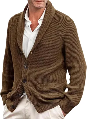 Men's Knitting Sweater Winter Shawl Collar Button Down Slim Fit Cable Knit Cardigan Coats with Pockets