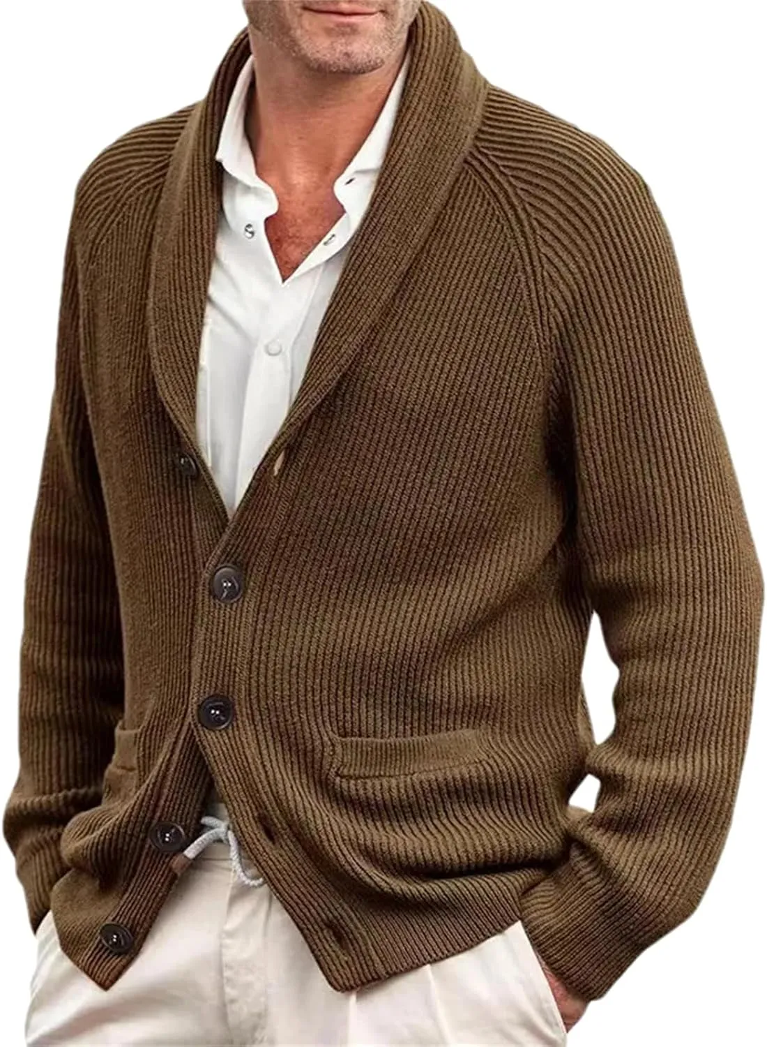 Men's Knitting Sweater Winter Shawl Collar Button Down Slim Fit Cable Knit Cardigan Coats with Pockets