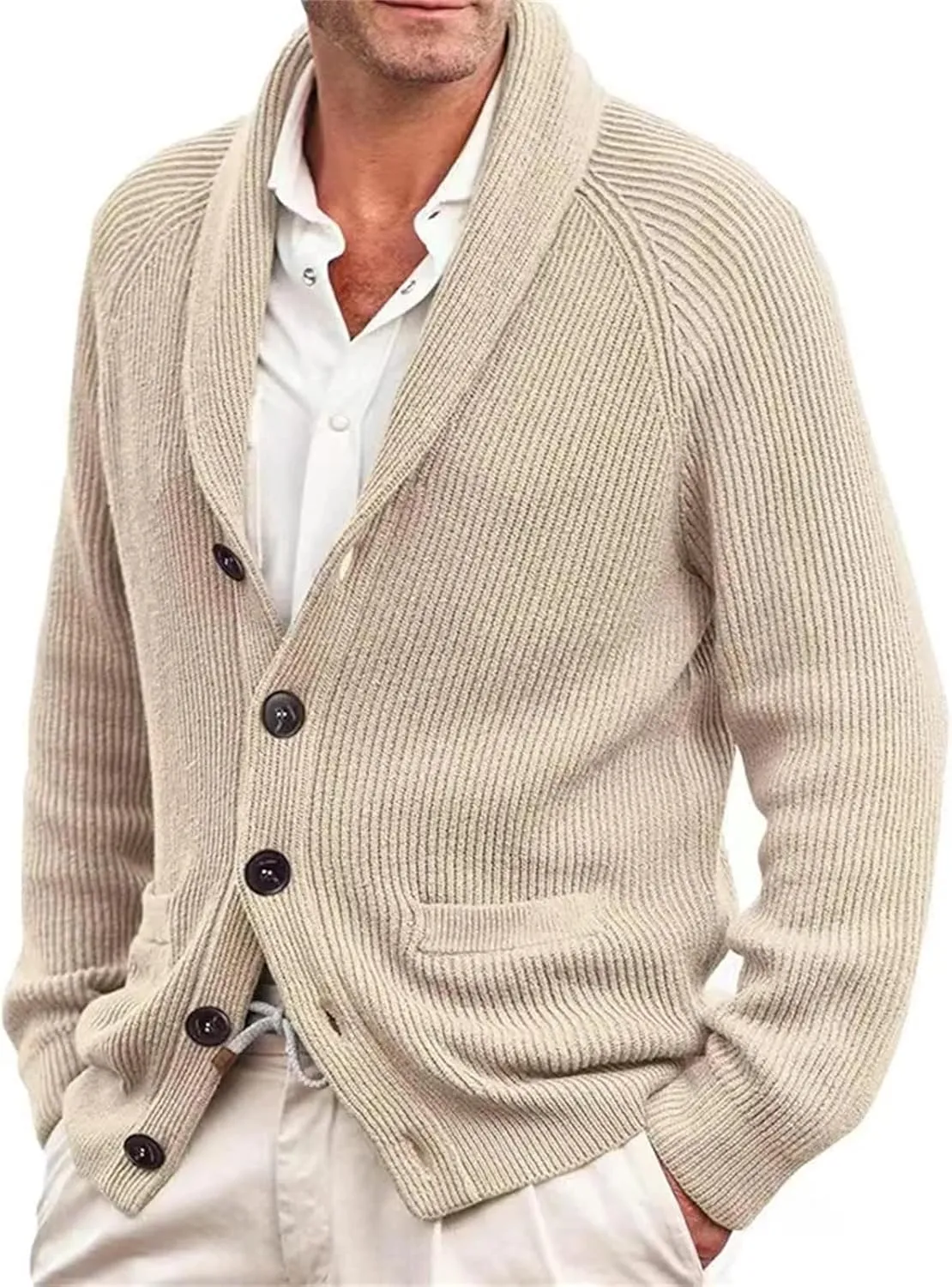Men's Knitting Sweater Winter Shawl Collar Button Down Slim Fit Cable Knit Cardigan Coats with Pockets