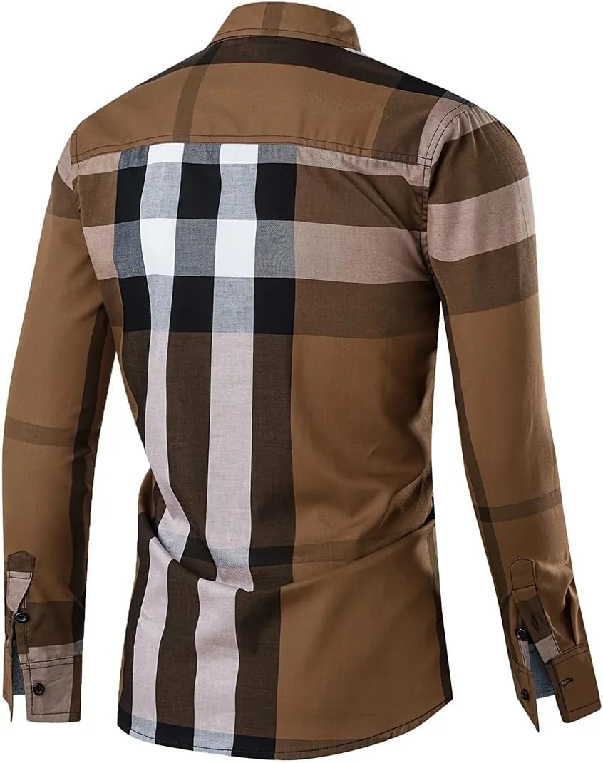 Men's Long Sleeve Button Up Plaid Casual Business Social Shirt Tops