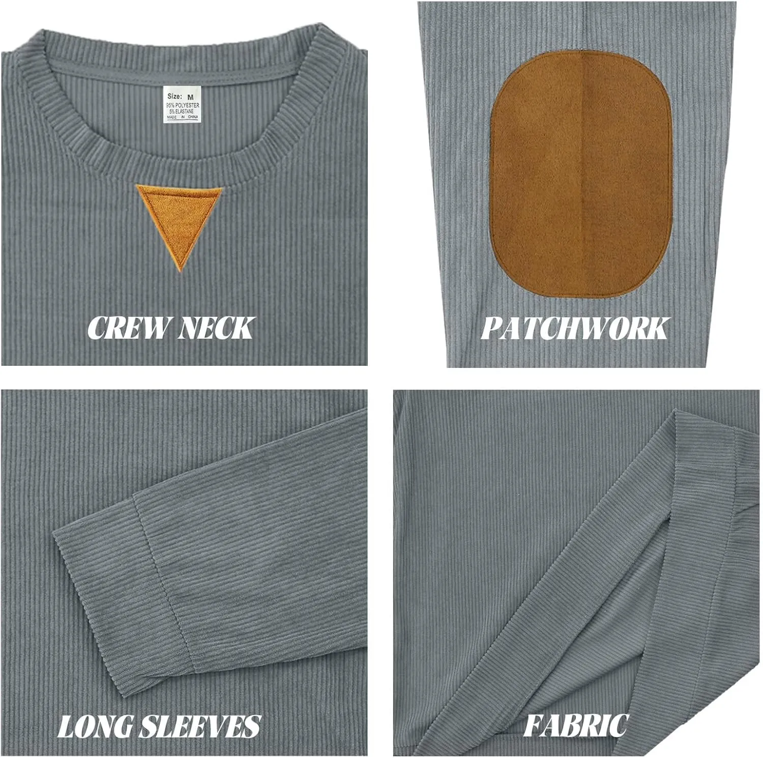 Mens Long Sleeve Shirts Casual Crewneck Corduroy Shirt Lightweight Pullover Sweatshirts with Elbow Patches
