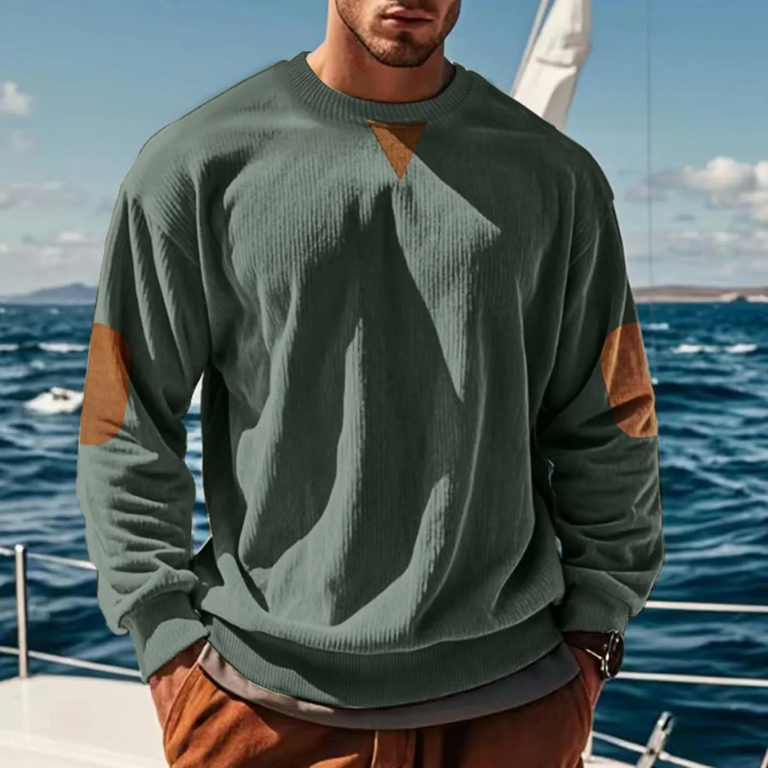 Mens Long Sleeve Shirts Casual Crewneck Corduroy Shirt Lightweight Pullover Sweatshirts with Elbow Patches