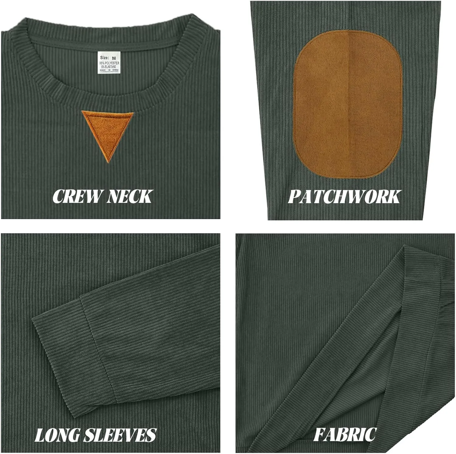 Mens Long Sleeve Shirts Casual Crewneck Corduroy Shirt Lightweight Pullover Sweatshirts with Elbow Patches