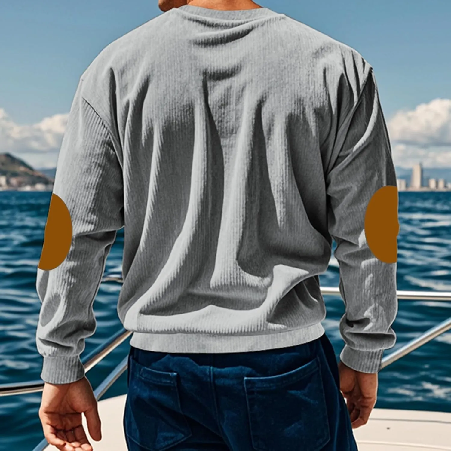 Mens Long Sleeve Shirts Casual Crewneck Corduroy Shirt Lightweight Pullover Sweatshirts with Elbow Patches