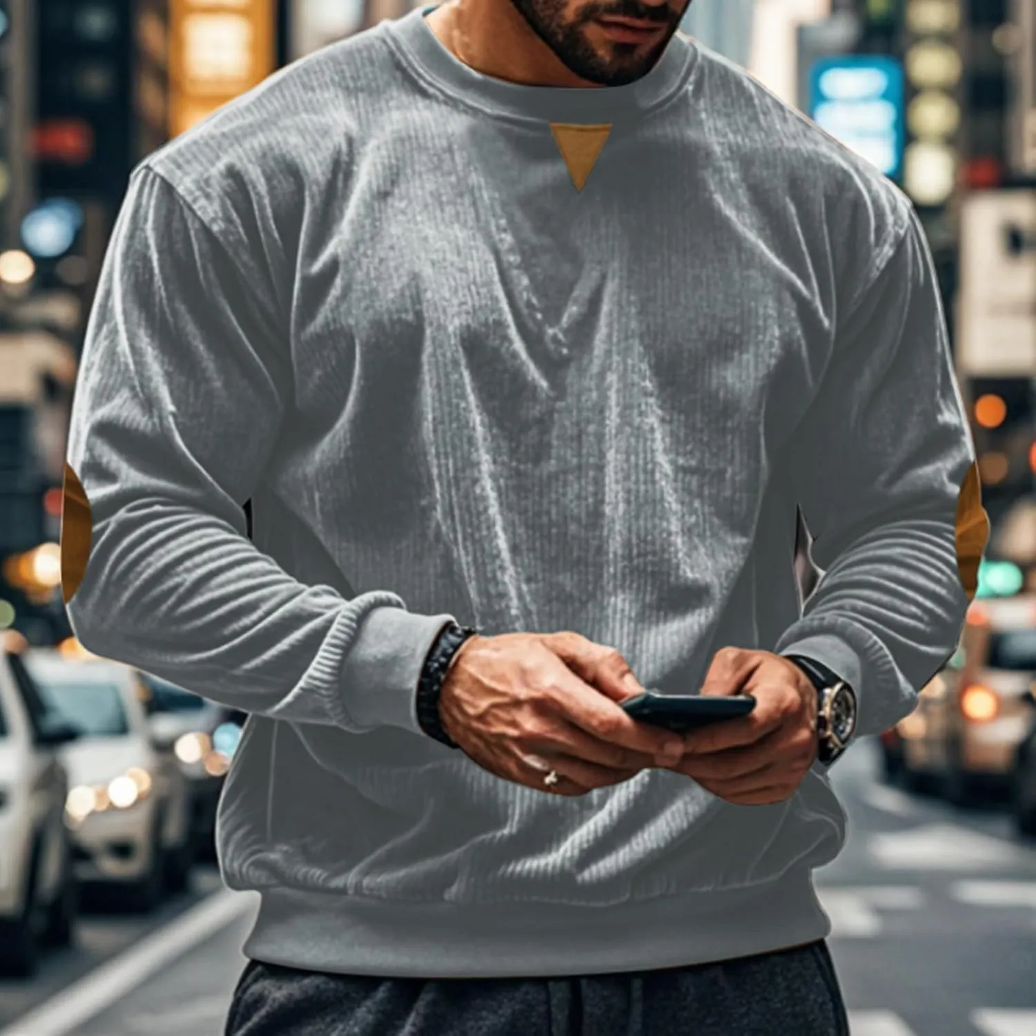 Mens Long Sleeve Shirts Casual Crewneck Corduroy Shirt Lightweight Pullover Sweatshirts with Elbow Patches