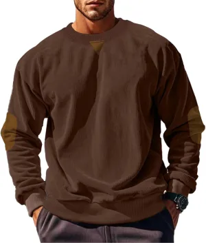 Mens Long Sleeve Shirts Casual Crewneck Corduroy Shirt Lightweight Pullover Sweatshirts with Elbow Patches