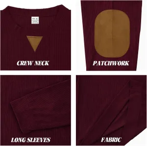 Mens Long Sleeve Shirts Casual Crewneck Corduroy Shirt Lightweight Pullover Sweatshirts with Elbow Patches