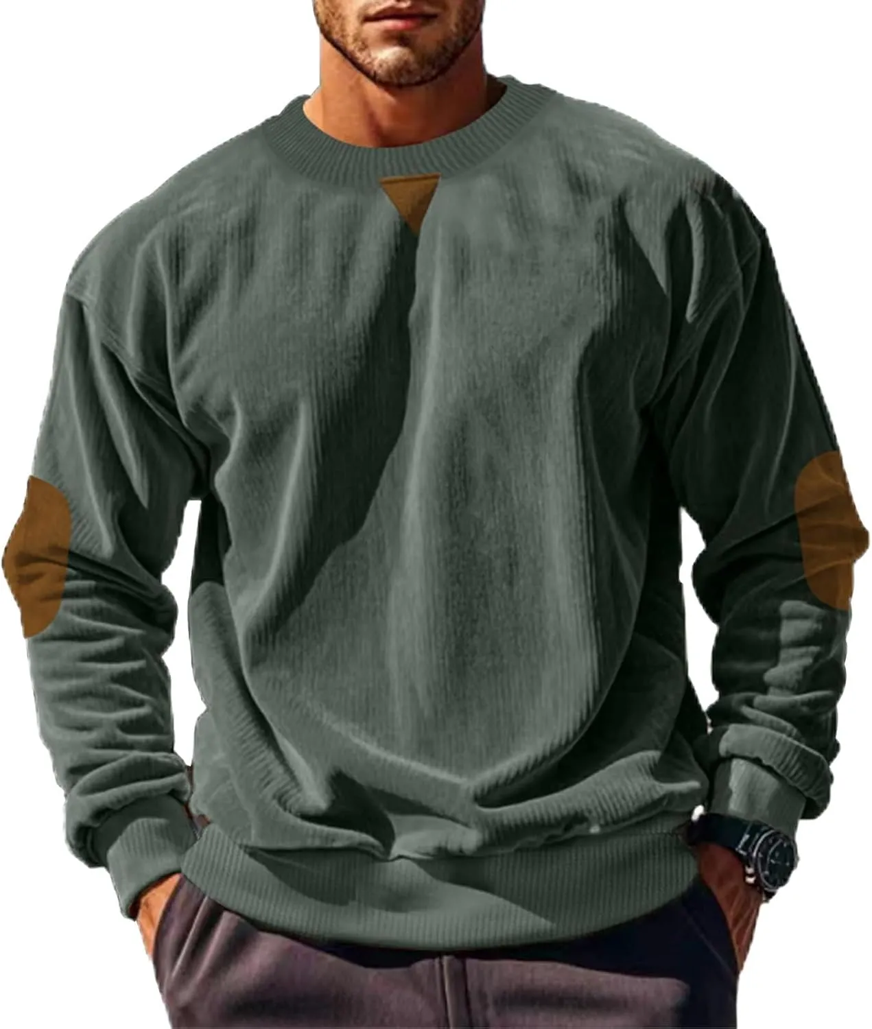 Mens Long Sleeve Shirts Casual Crewneck Corduroy Shirt Lightweight Pullover Sweatshirts with Elbow Patches