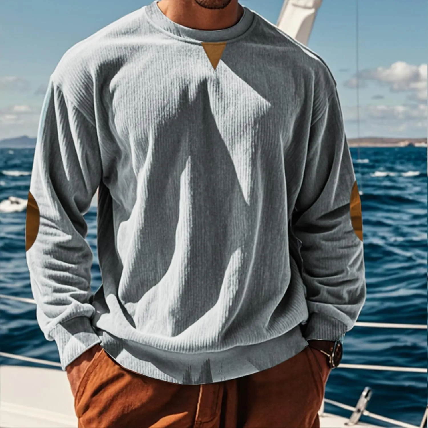Mens Long Sleeve Shirts Casual Crewneck Corduroy Shirt Lightweight Pullover Sweatshirts with Elbow Patches