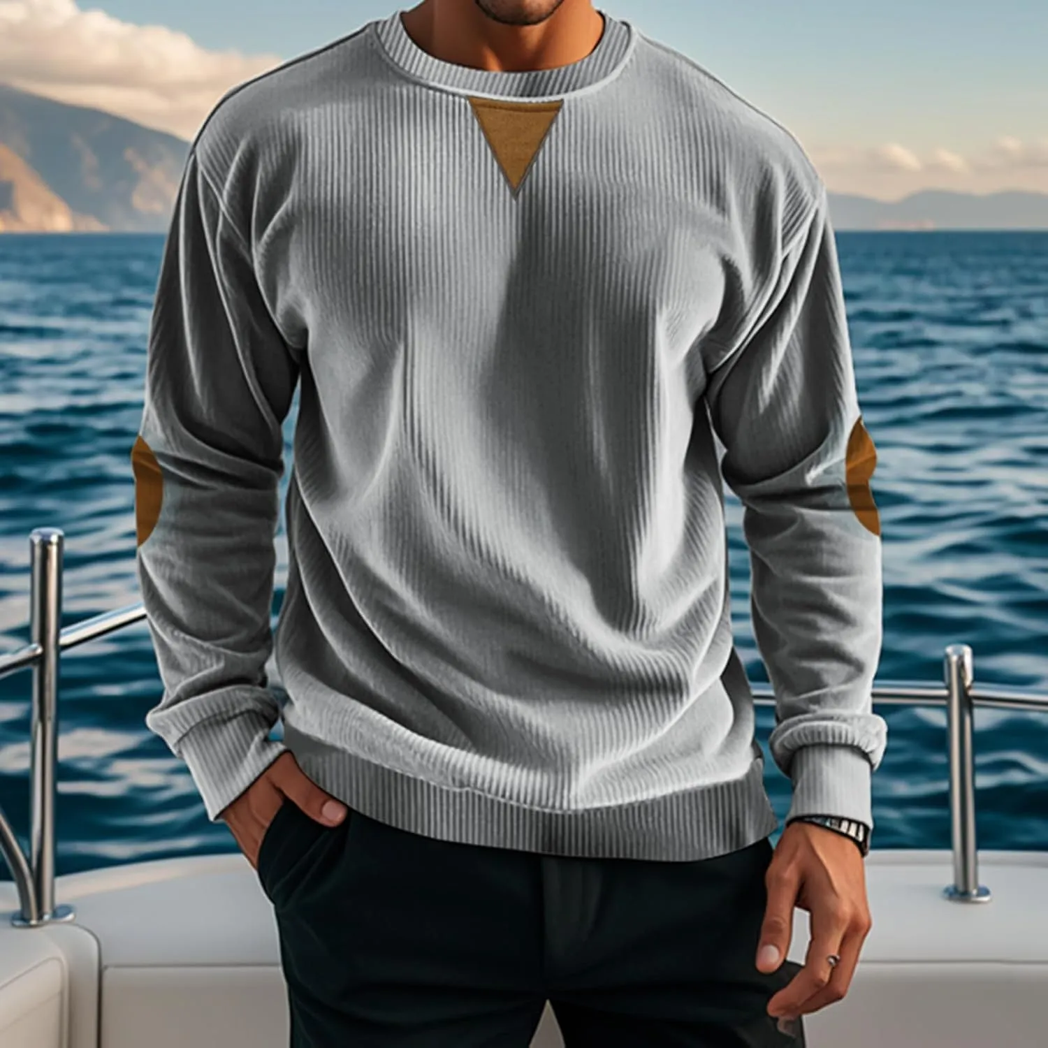 Mens Long Sleeve Shirts Casual Crewneck Corduroy Shirt Lightweight Pullover Sweatshirts with Elbow Patches
