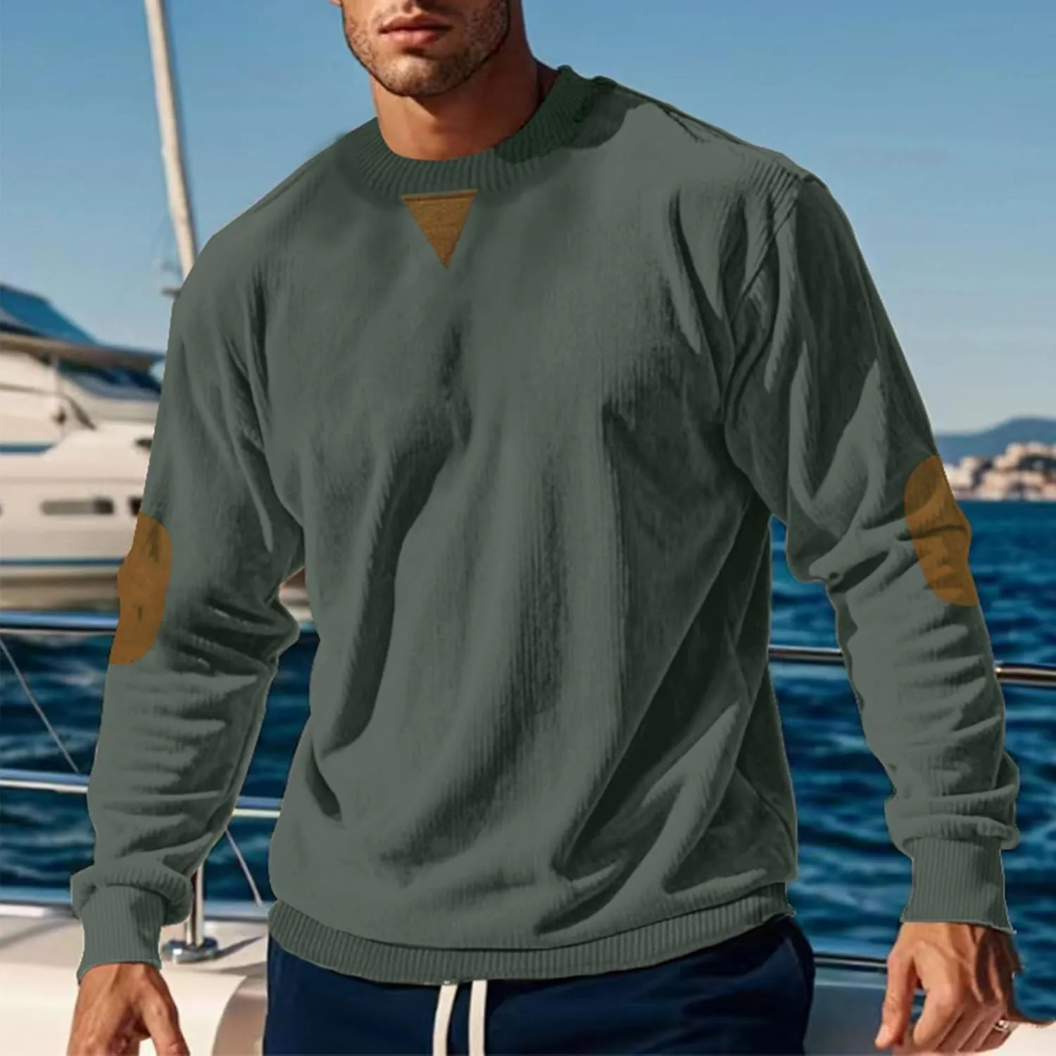 Mens Long Sleeve Shirts Casual Crewneck Corduroy Shirt Lightweight Pullover Sweatshirts with Elbow Patches
