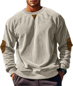 Mens Long Sleeve Shirts Casual Crewneck Corduroy Shirt Lightweight Pullover Sweatshirts with Elbow Patches