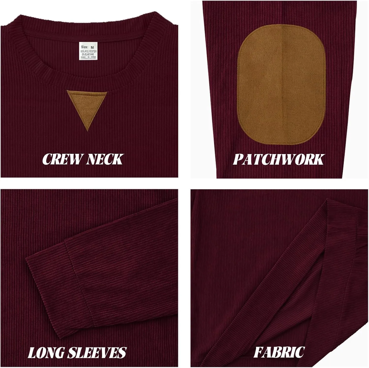 Mens Long Sleeve Shirts Casual Crewneck Corduroy Shirt Lightweight Pullover Sweatshirts with Elbow Patches