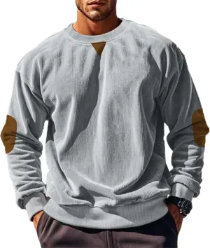 Mens Long Sleeve Shirts Casual Crewneck Corduroy Shirt Lightweight Pullover Sweatshirts with Elbow Patches