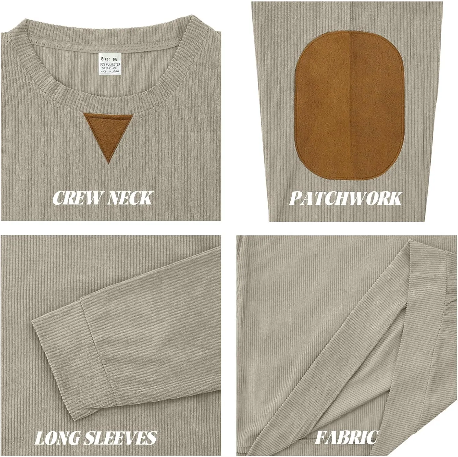 Mens Long Sleeve Shirts Casual Crewneck Corduroy Shirt Lightweight Pullover Sweatshirts with Elbow Patches
