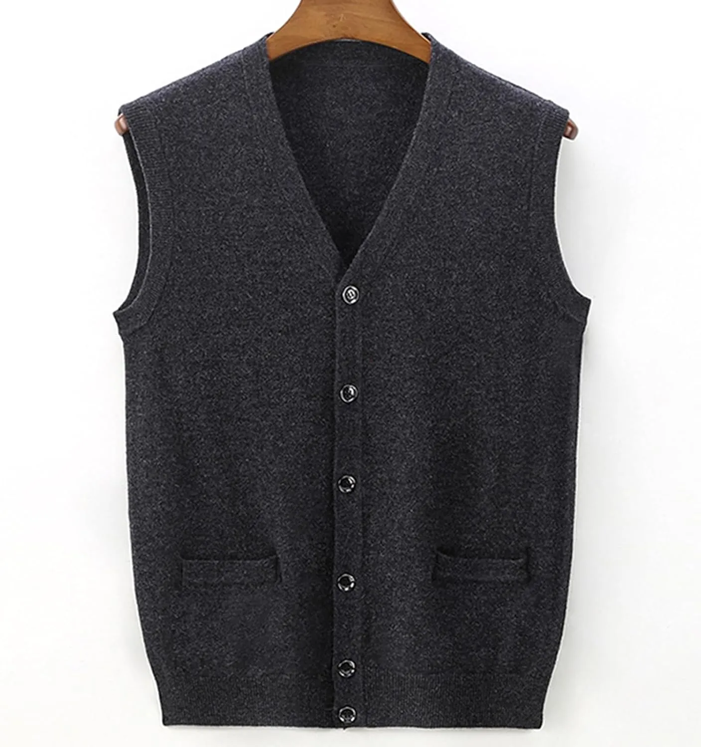 Mens V-Neck Knitted Sweater Vest 100% Wool Sleeveless Button Down Cardigan Vest with Pocket