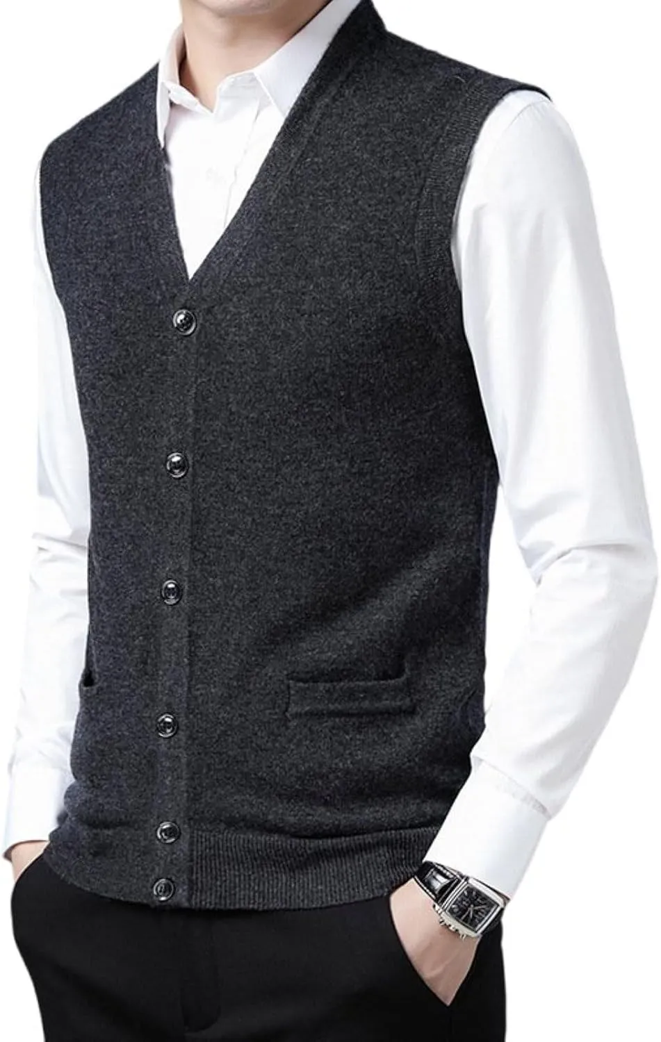 Mens V-Neck Knitted Sweater Vest 100% Wool Sleeveless Button Down Cardigan Vest with Pocket