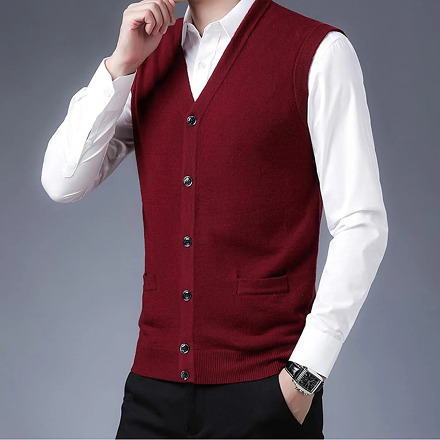 Mens V-Neck Knitted Sweater Vest 100% Wool Sleeveless Button Down Cardigan Vest with Pocket