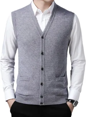 Mens V-Neck Knitted Sweater Vest 100% Wool Sleeveless Button Down Cardigan Vest with Pocket