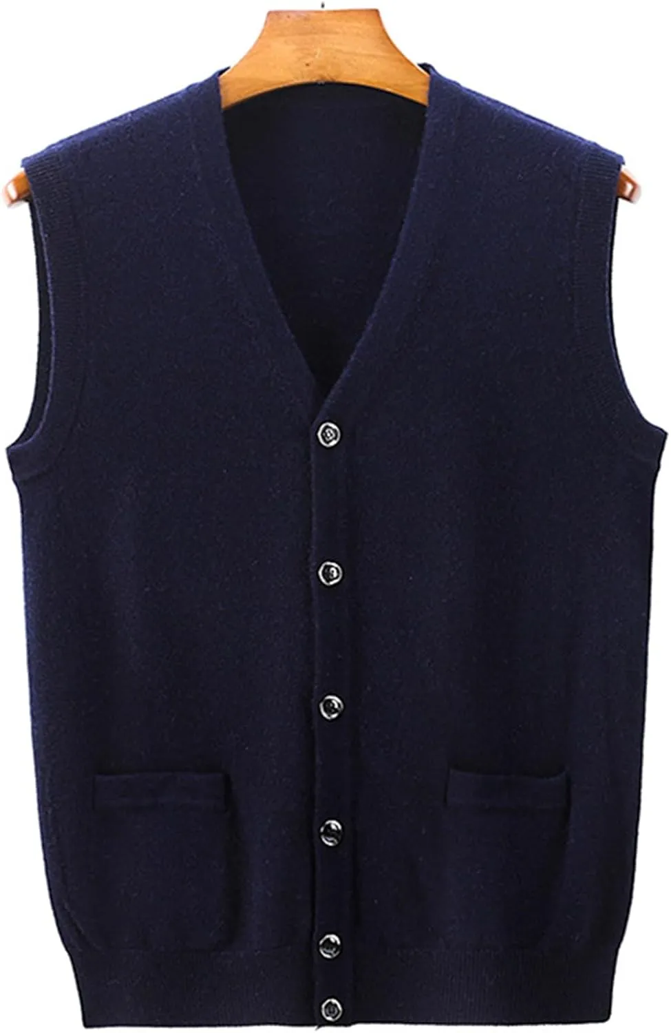 Mens V-Neck Knitted Sweater Vest 100% Wool Sleeveless Button Down Cardigan Vest with Pocket