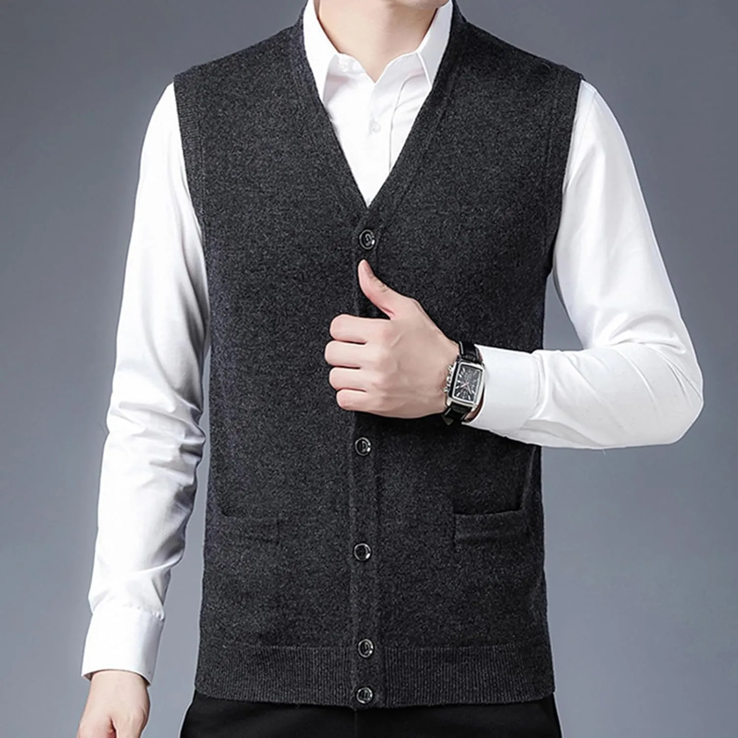 Mens V-Neck Knitted Sweater Vest 100% Wool Sleeveless Button Down Cardigan Vest with Pocket