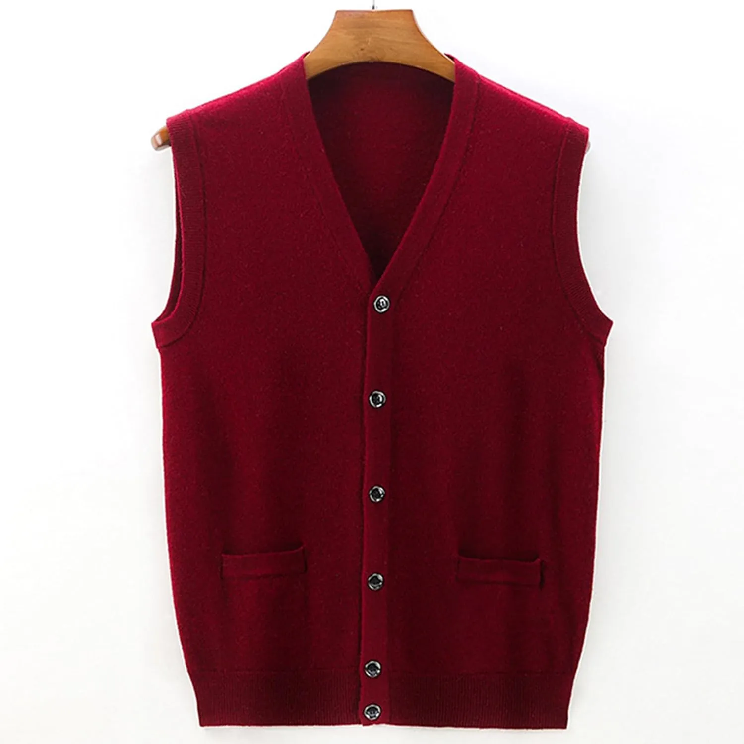 Mens V-Neck Knitted Sweater Vest 100% Wool Sleeveless Button Down Cardigan Vest with Pocket