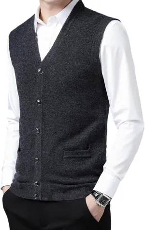 Mens V-Neck Knitted Sweater Vest 100% Wool Sleeveless Button Down Cardigan Vest with Pocket