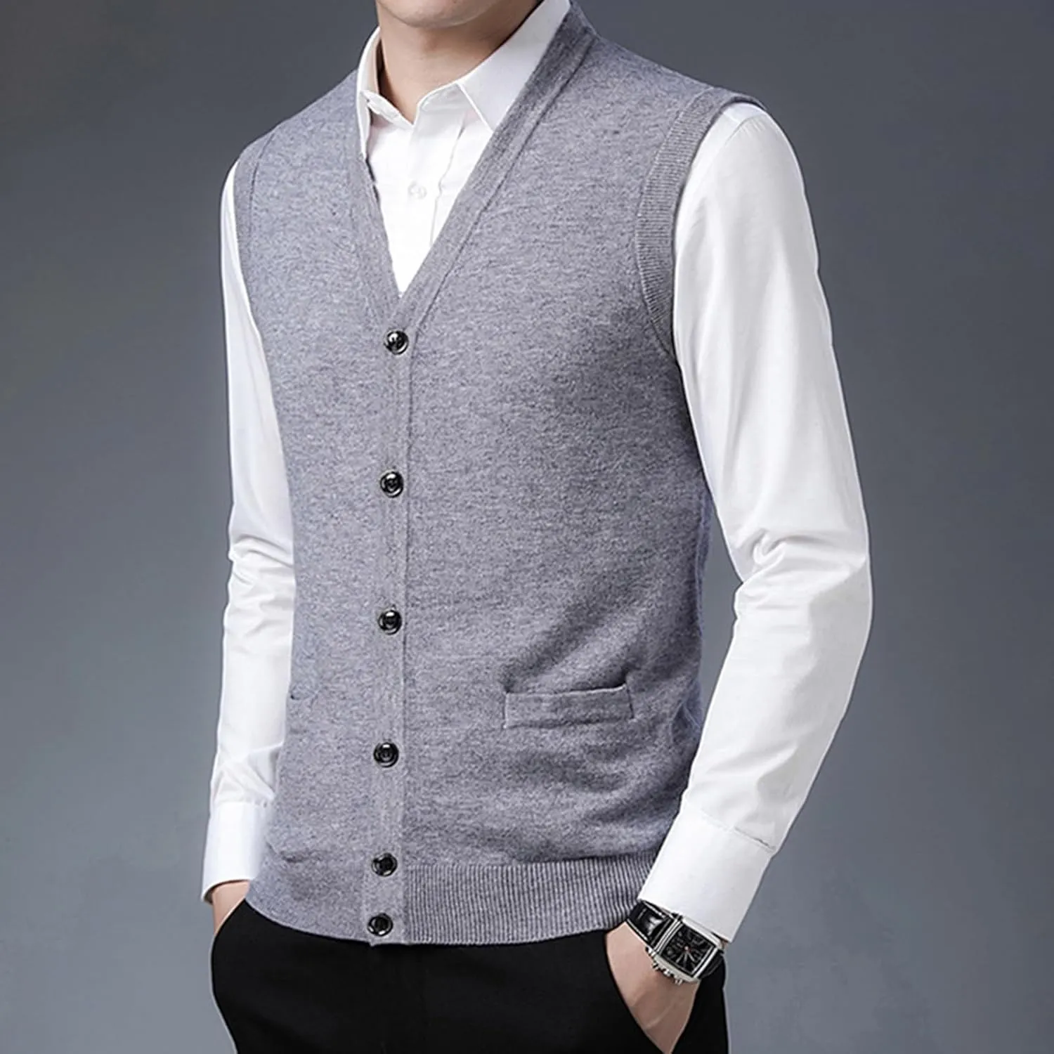 Mens V-Neck Knitted Sweater Vest 100% Wool Sleeveless Button Down Cardigan Vest with Pocket