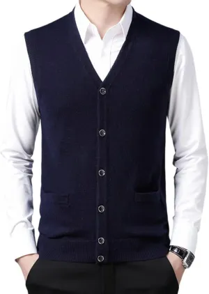 Mens V-Neck Knitted Sweater Vest 100% Wool Sleeveless Button Down Cardigan Vest with Pocket