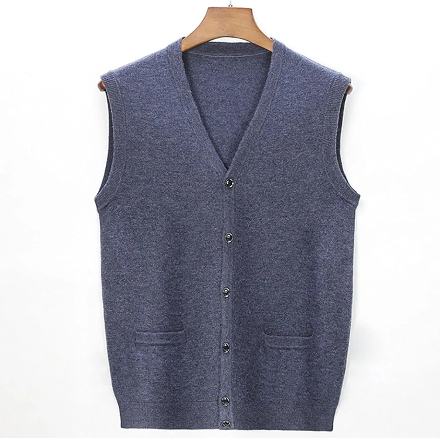 Mens V-Neck Knitted Sweater Vest 100% Wool Sleeveless Button Down Cardigan Vest with Pocket