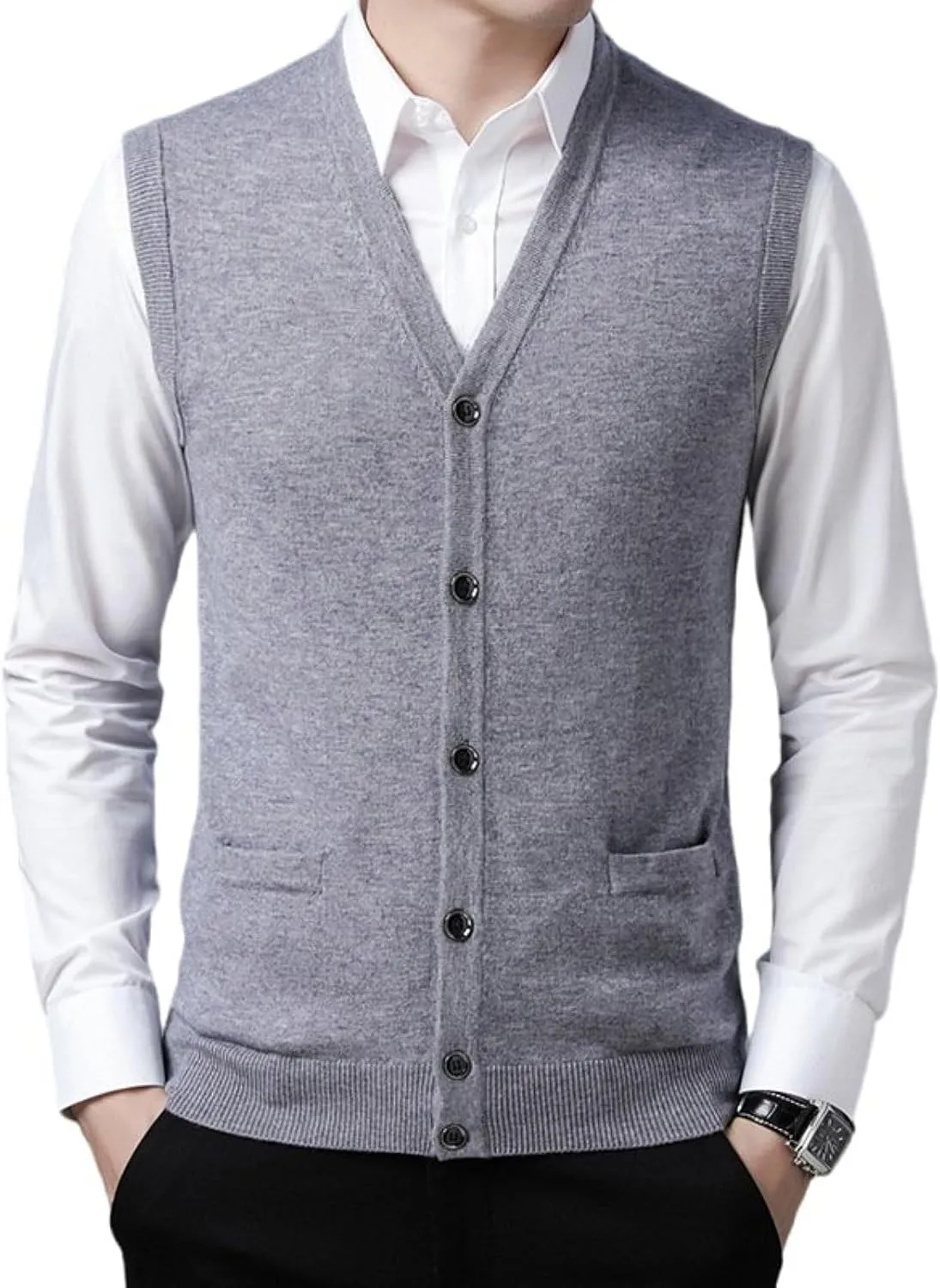 Mens V-Neck Knitted Sweater Vest 100% Wool Sleeveless Button Down Cardigan Vest with Pocket