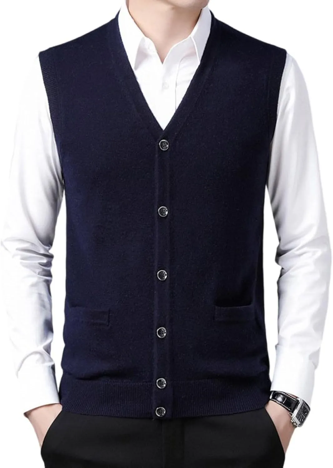 Mens V-Neck Knitted Sweater Vest 100% Wool Sleeveless Button Down Cardigan Vest with Pocket