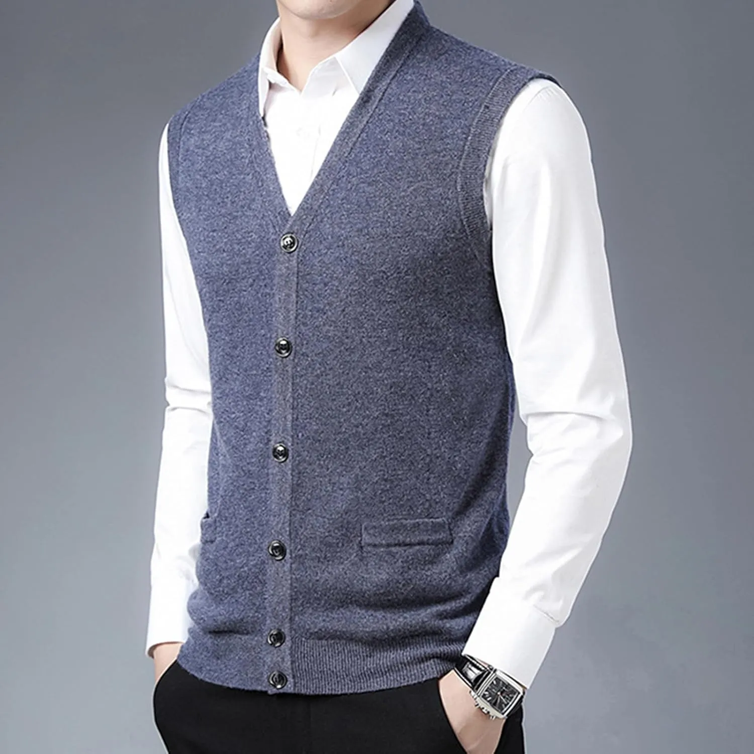 Mens V-Neck Knitted Sweater Vest 100% Wool Sleeveless Button Down Cardigan Vest with Pocket