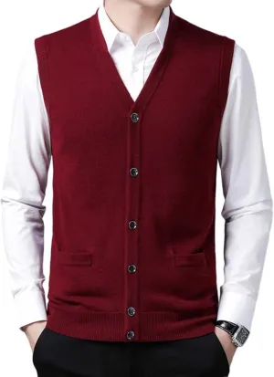 Mens V-Neck Knitted Sweater Vest 100% Wool Sleeveless Button Down Cardigan Vest with Pocket