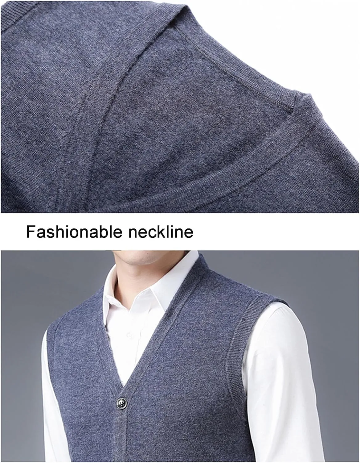Mens V-Neck Knitted Sweater Vest 100% Wool Sleeveless Button Down Cardigan Vest with Pocket