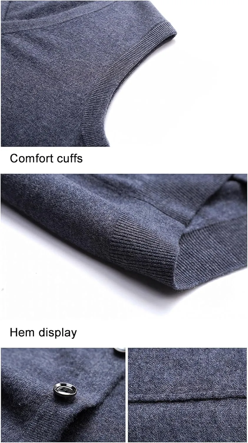 Mens V-Neck Knitted Sweater Vest 100% Wool Sleeveless Button Down Cardigan Vest with Pocket