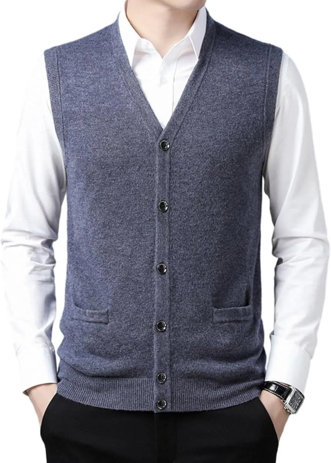 Mens V-Neck Knitted Sweater Vest 100% Wool Sleeveless Button Down Cardigan Vest with Pocket